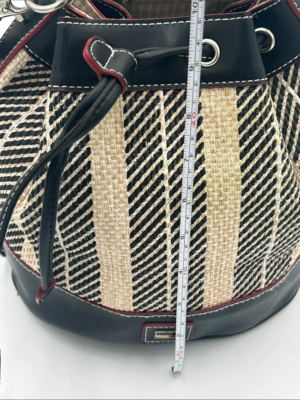 Y2K Tommy Hilfiger Black Natural/Red Straw Leather Bucket Bag Matching‎ Eye Case